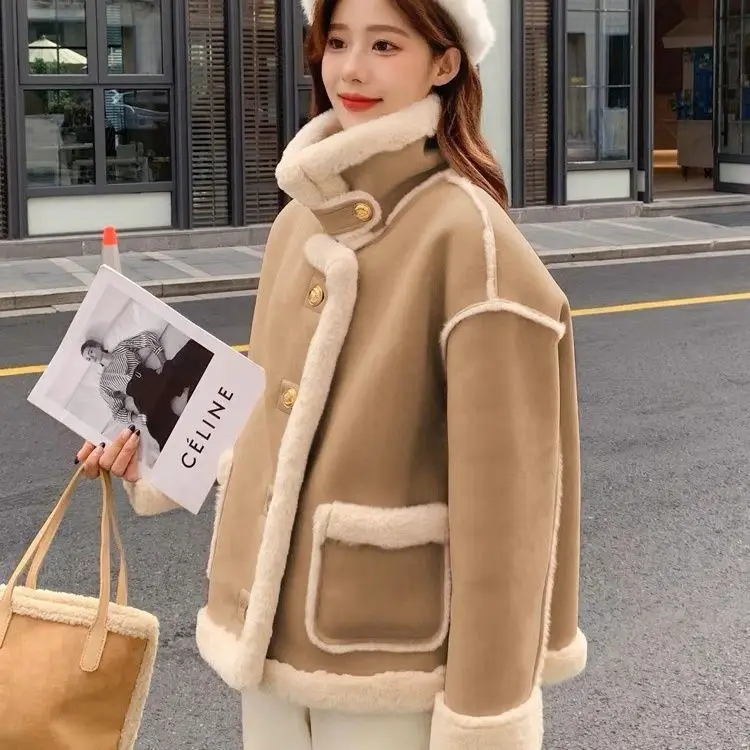 

Lamb Wool Jacket Women Warm Fleece Drop Shoulder Denim Oversized Young Woven Knitwear Loose Buttons Training Biking Petite Bow