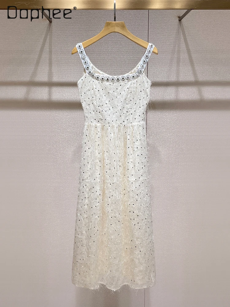 

French Temperament Celebrity White Suspender Dress Summer High-end Light Luxury Heavy Industry Beaded Sequined Fringed Dresses