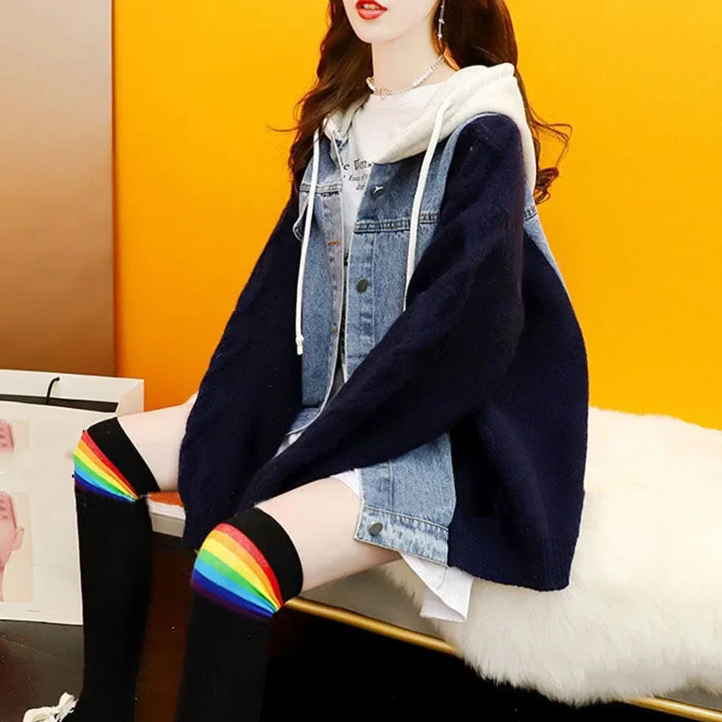 New Autumn Winter Women Splicing Denim Jacket Women Long Sleeve Jean Coat Female Loose Sweater knitting Cardigan Jacket Tops