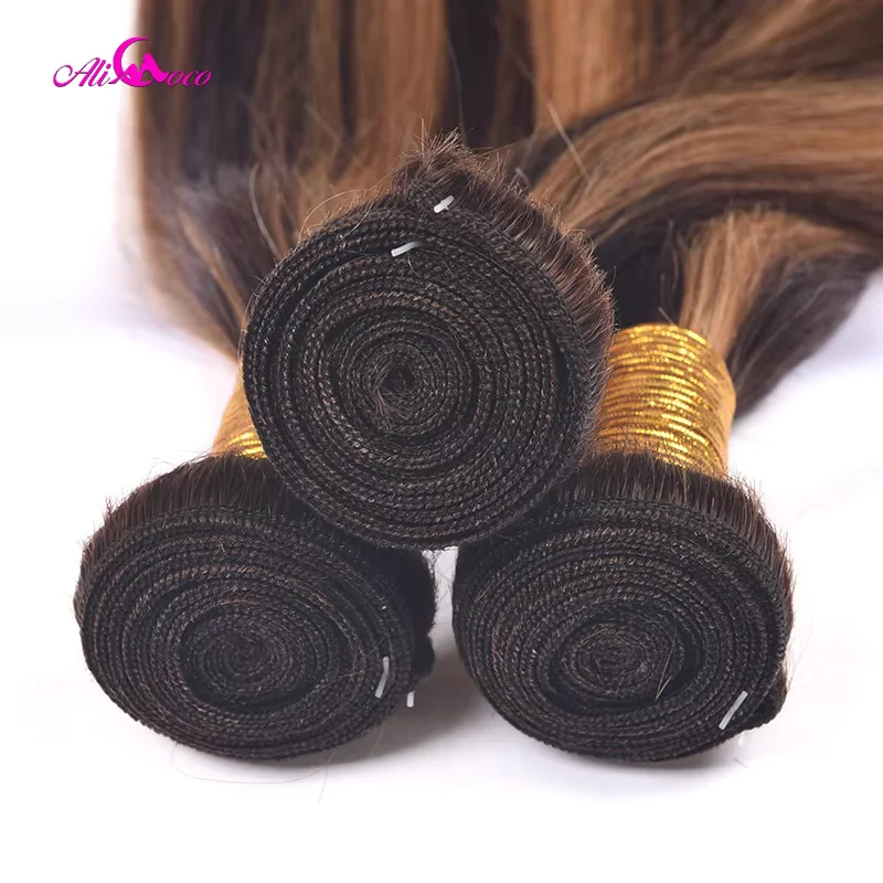 Ali Coco Brazilian Ombre Hair Bundles Bone Straight Human Hair Bundles P4/30 Brown with Highlight Color Remy Hair Weave Bundles