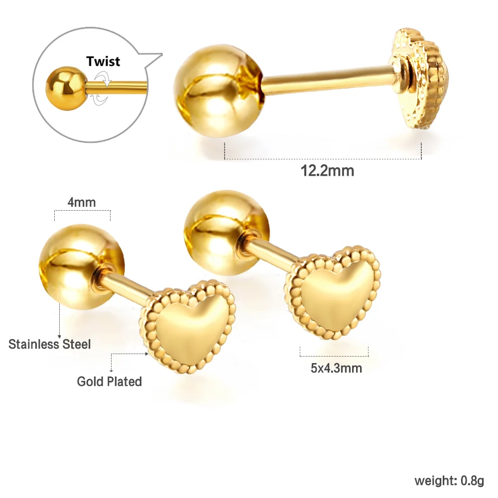 Gold Plated Beaded Edge Heart Screw Back Stud Earrings 316L Stainless Steel Hypoallergenic Cartilage Piercing Jewelry Gift