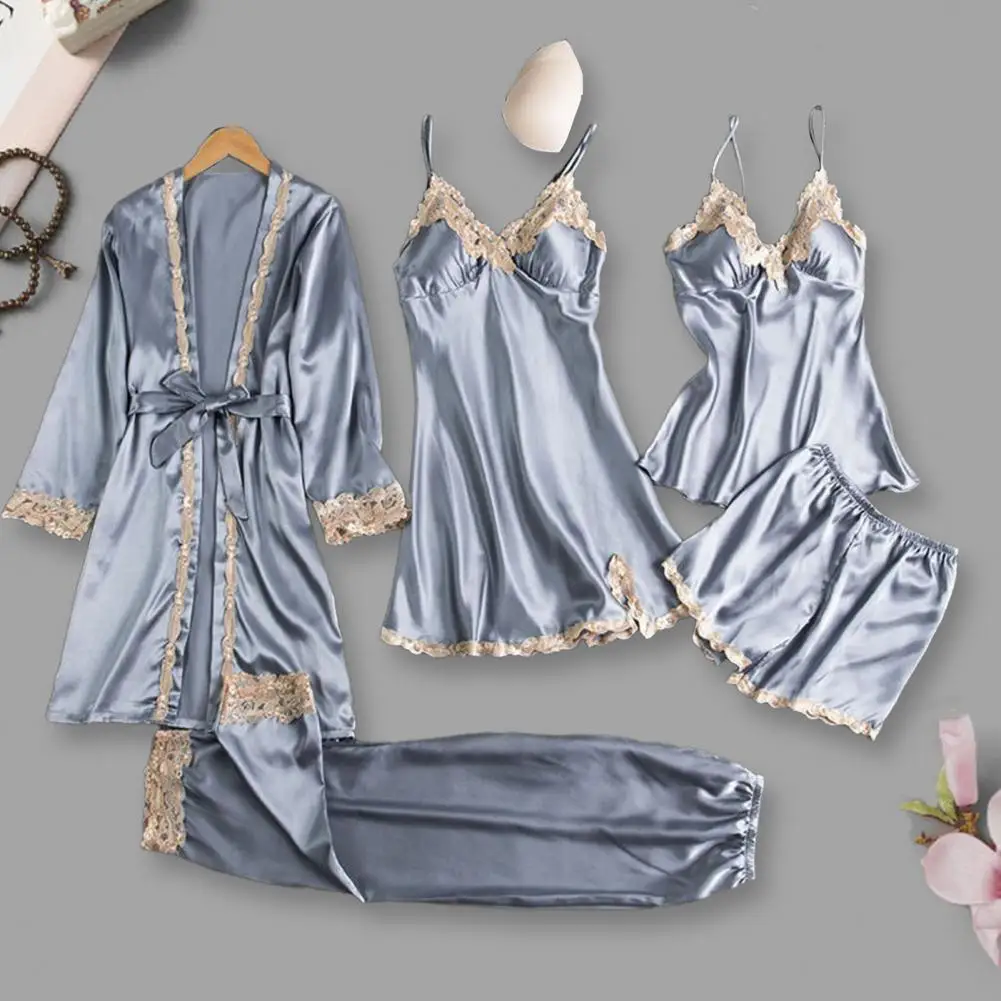 Sleepwear Female 5PCS Pajamas Set Satin Pyjamamas Lace Patchwork Bridal Wedding Nightwear Rayon Home Wear Nighty&Robe Suitпижама