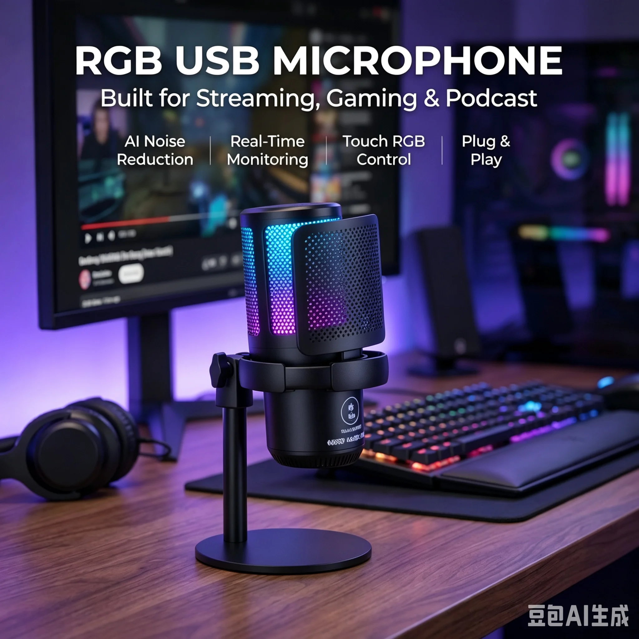 USB Microphone for PC Condenser Podcast Mic for Studio Recording with Headphone Jack, Led, Noise Cancellation Gaming Microphone