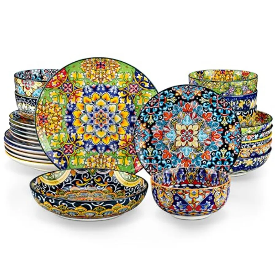 24 Pieces Dinnerware Set for 6 Porcelain Plates and Bowls Bohemian Style Dining Service Microwave and Dishwasher Safe Scratch R