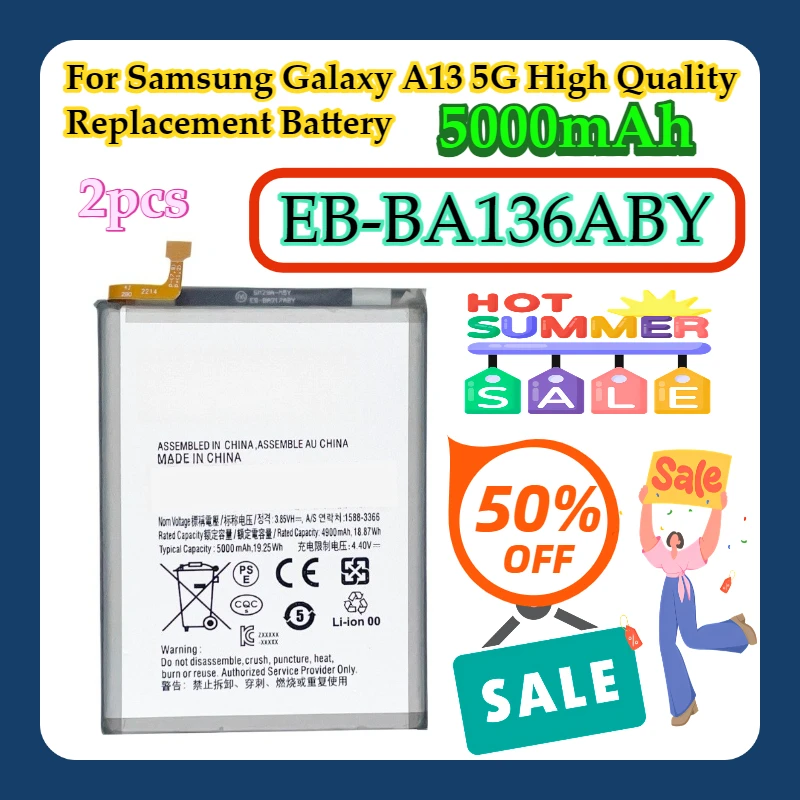

2 шт. для Samsung Galaxy A13 5G EB-BA136ABY 5000 мАч Высококачественная сменная батарея