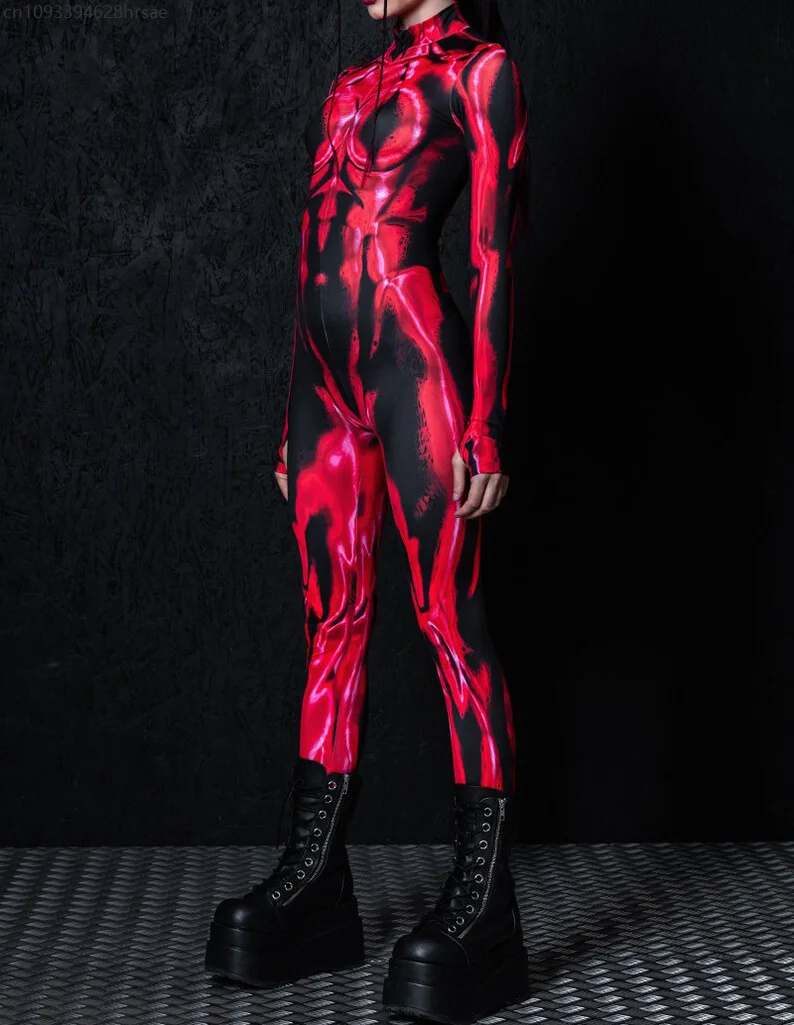 

Couple Women Men Black Red Devil Jumpsuit Halloween Demon Cosplay Morphsuit Punk Zentai Suit Festival Party Rave Bodysuit