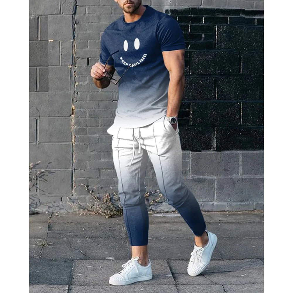 New Summer Men\'s T Shirt Set Short Sleeve Tracksuit Daily Casual 2 Piece 3D Smiling Face Printing Fashion Cool Streetwear Suit