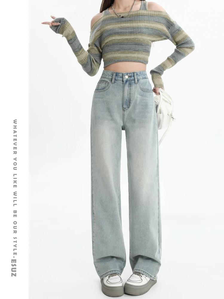 بنطلون جينز نسائي عالي الخصر وواسع الساق من قماش الدنيم فضفاض ومطبوع للتخسيس بقصة مستقيمة بطول الكاحل وصل حديثًا لربيع وصيف