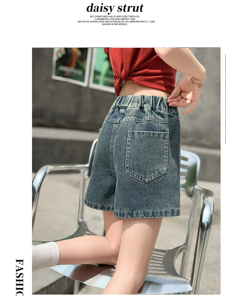 Retro-Design Mädchen-Jeansshorts für Teenager, Sommer-Freizeitshorts mit Taschen, Hochwertige Kinder-Modehose, Alter 5-14 Jahre – Detail 7