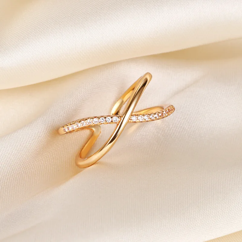

18K Gold Plated Micro-Pave Ring - Delicate Crossed Line Design, Minimalist & Elegant, Hypoallergenic & Tarnish-Resistant