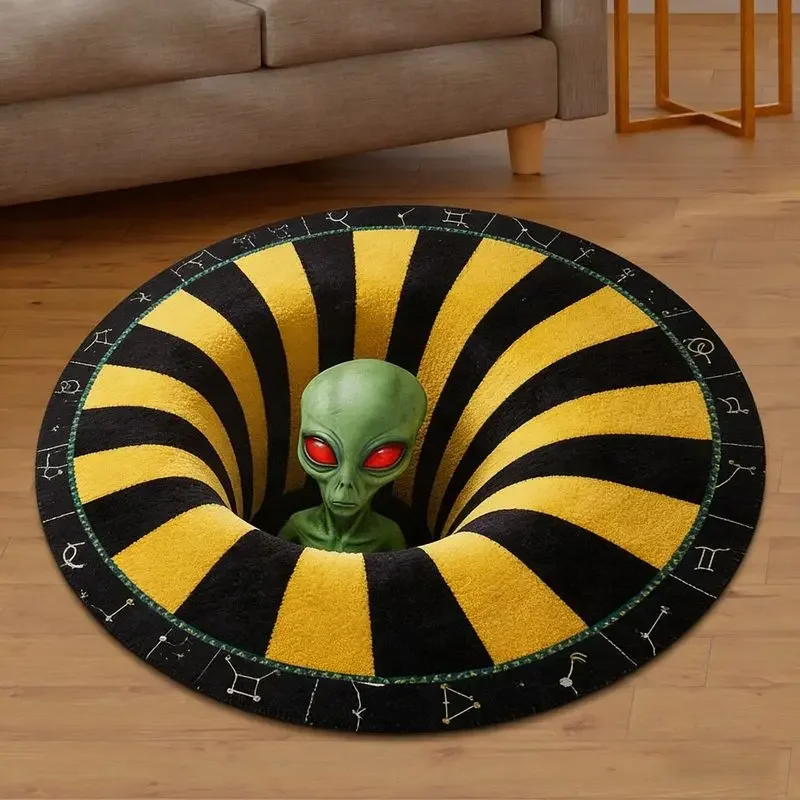 VIKAMA 3D Optical Illusion Round Rug Alien Tunnel Funny Flannel Area Rug Non Slip Soft Living Room Bedroom Floor Mat Decor