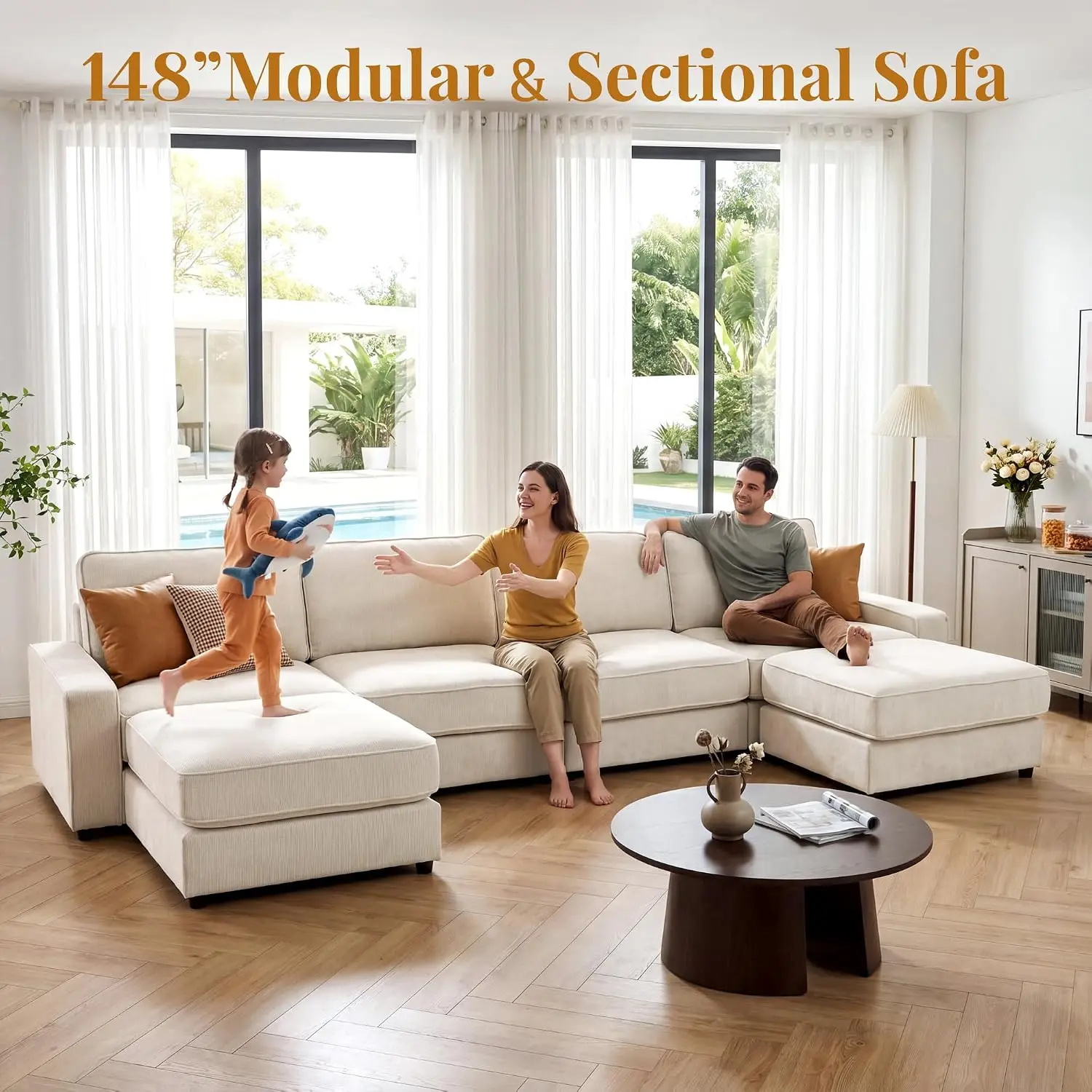 U Shaped Modular Sofa with Movable Ottoman, Chenille Fabric, Pillows & Pockets, for Living Room, Beige, Customized