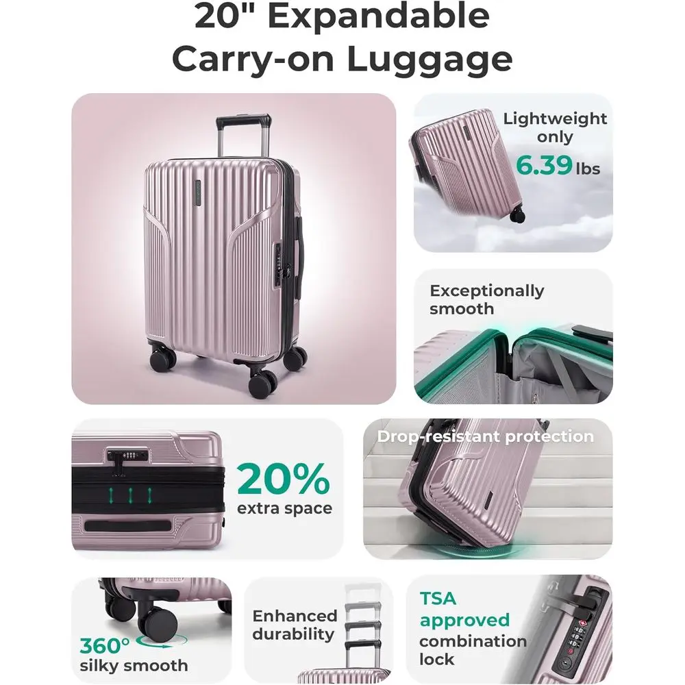 20 Expandable Hardside Carry-On Suitcase with TSA Lock, Spinner Wheels, Pink Lavender