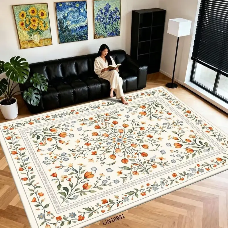 VIKAMA Soft Pink Floral Area Rug For Living Room Under Sofa Vintage Flower Large Floor Carpet Home Decor Accent