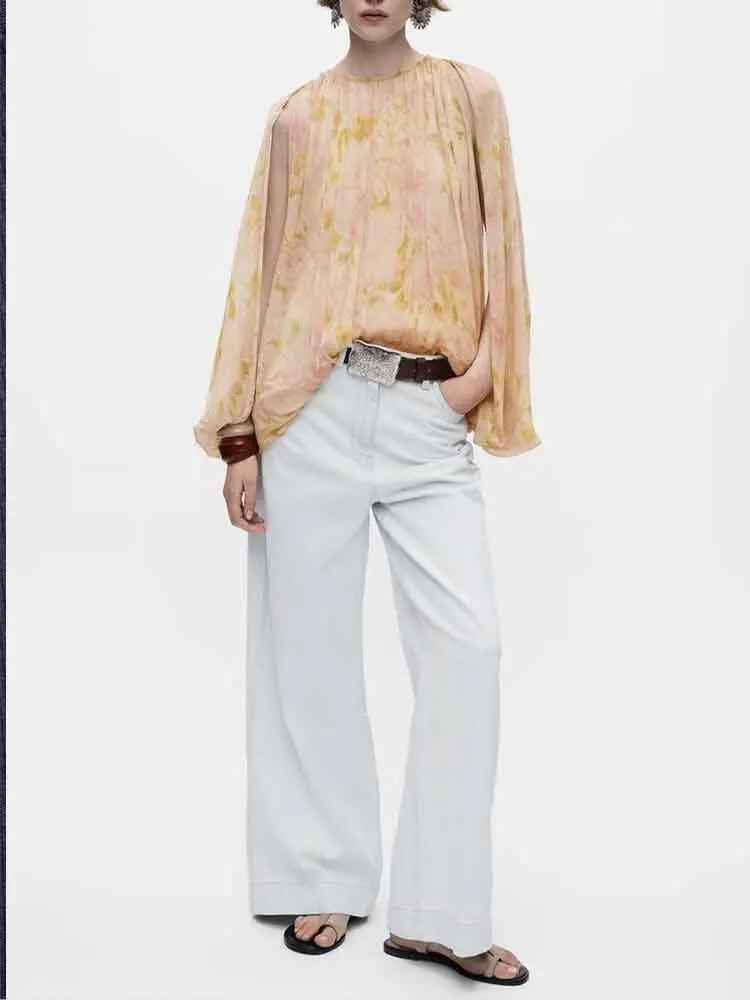 

European style new women's fashion versatile temperament simple flower round neck long sleeve shirt