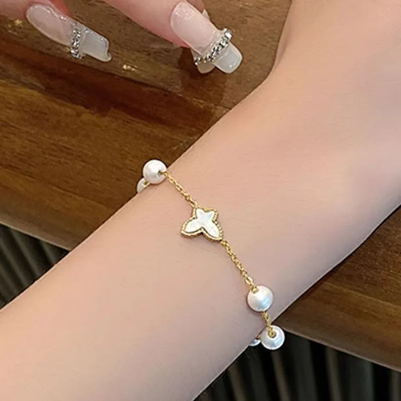 ANENJERY 316L Stainless Imitation Pearl Shell Butterfly Bracelet For Women Fashion Light Luxry Bracelet Jewelry Accssory Gift