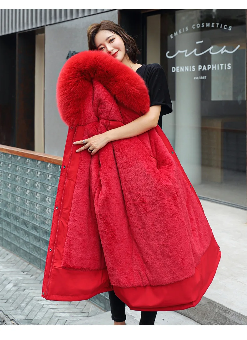 Parkas Jacket Women Cotton Coat Winter Mid Length Outerwear Fur Collar Plush Liner Hooded Drawstring Thick Windproof Office Lady
