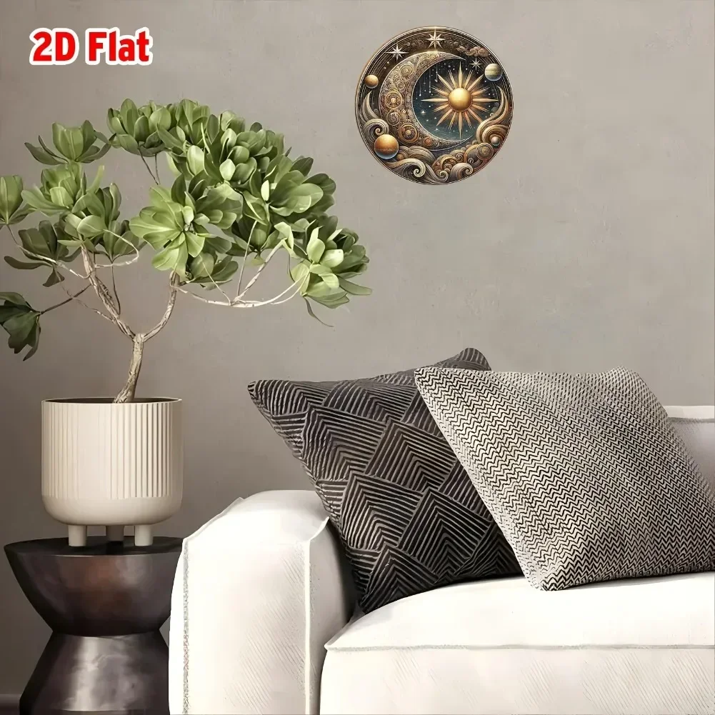 2D Flat 1pc Vintage Mystical Moon and Sun Wall Art Intricate Floral Relief with Stars and Planets, Aluminum Round Decor view 4