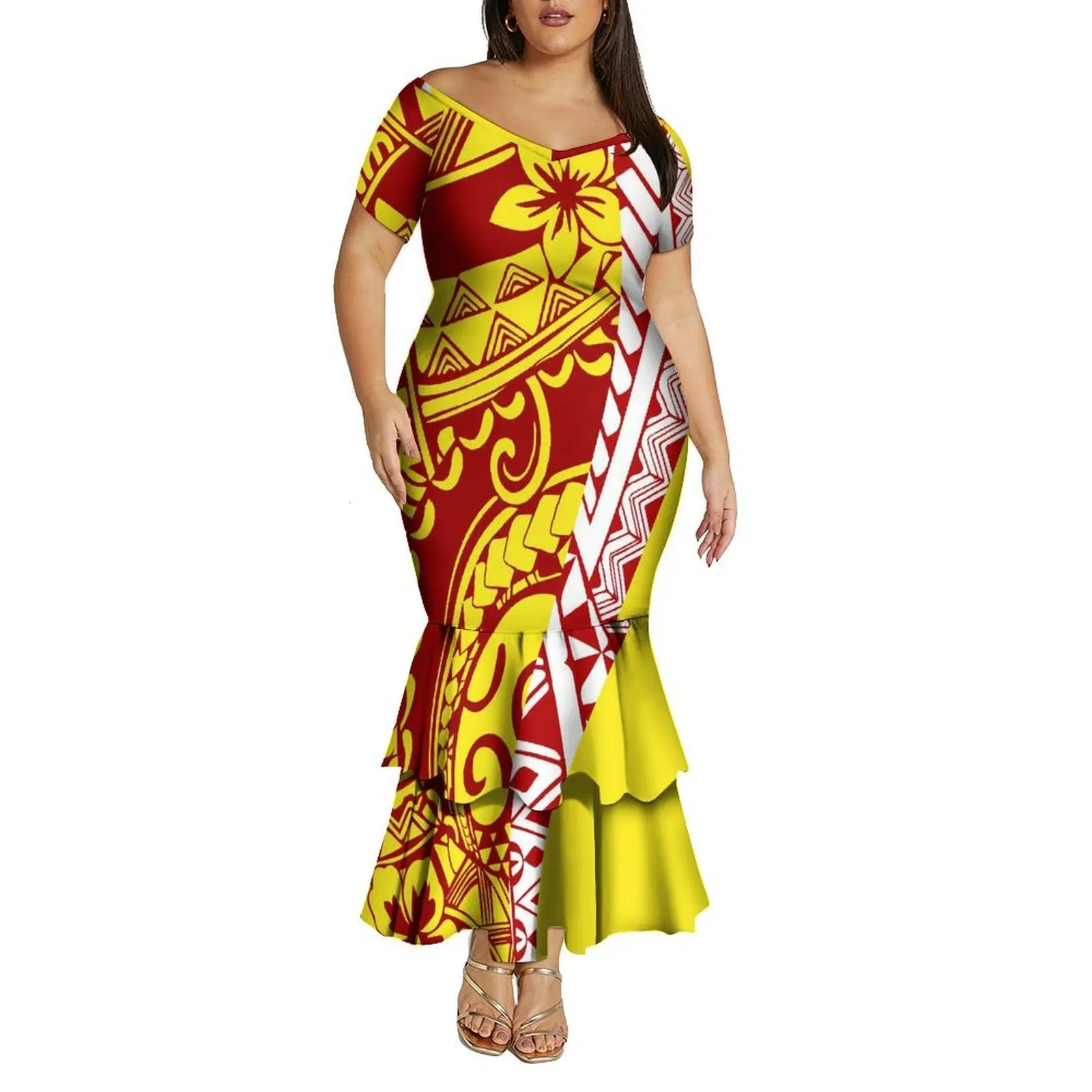 Vestido feminino de verão com decote em v, ombro de fora, camada dupla, rabo de peixe, polinésia, vestido de emagrecimento com padrão personalizado