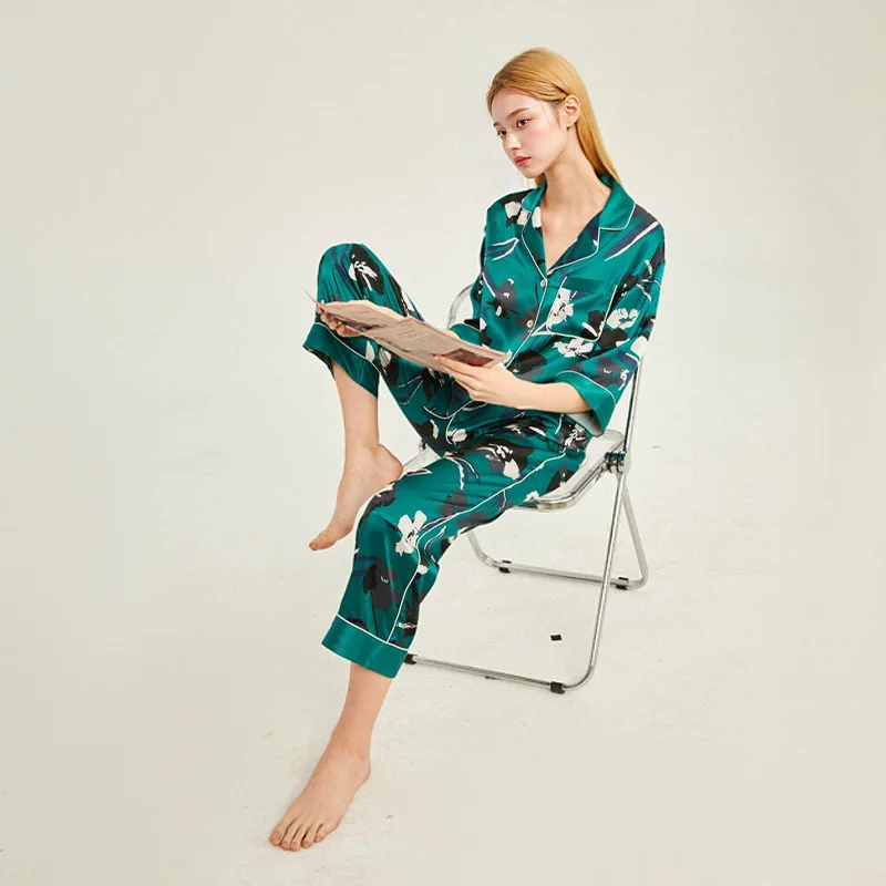 High Quality Spring and Autumn 19Momme Heavy Real Silk Pajamas Women's Printed Suit Homewear