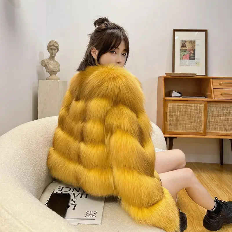 

Экологически чистая женская куртка из искусственного меха лисы премиум-класса, короткая зимняя новая роскошная молодежная модная индивидуальная куртка с длинными волосами