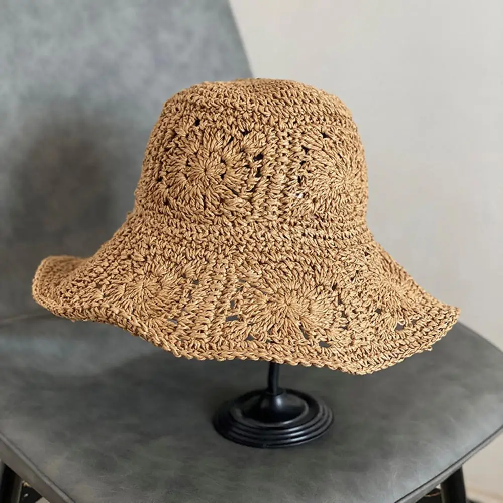 Women Summer Wide Brim Sun Hat Crochet Straw Hat Sun Straw Hat Breathable Travel Hat Beach Bucket Sun Hat