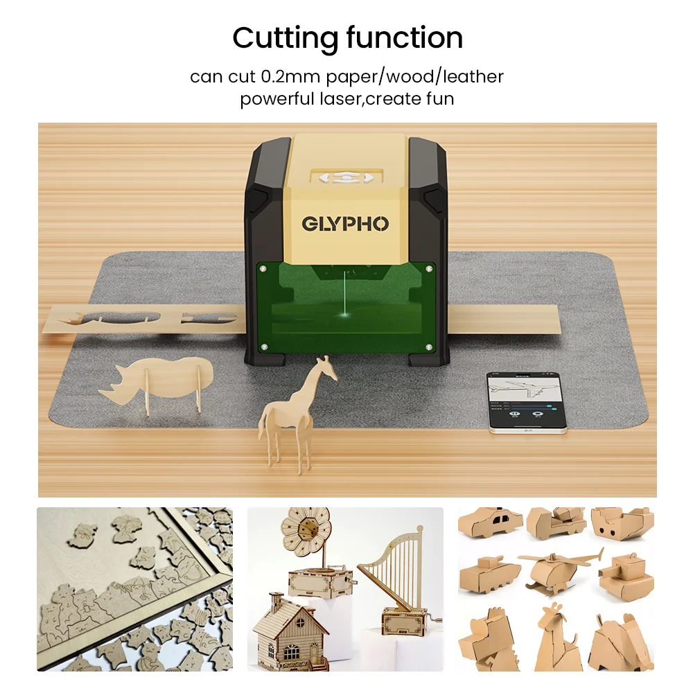 GLYPHO Laser Engraver Machine CNC Highly Accurate Portable 80mm*80mm Engraving Cutting For Dog Tag Paper Leather Wood Work DIY