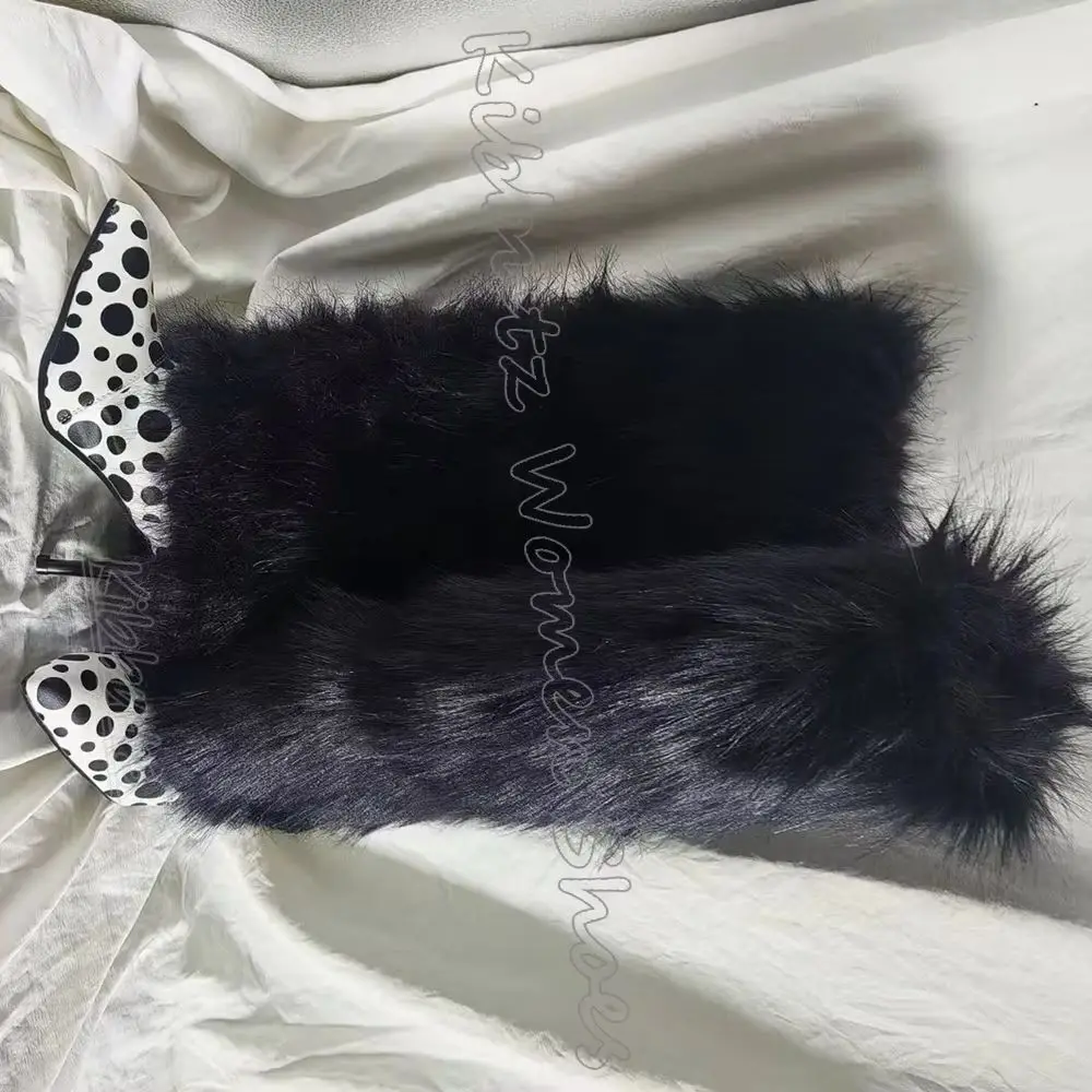 Furry Dots Knee High Boots Leather Warm Winter Pointed Toe Thin Heels Slip-On Fashion Luxury Elegant Concise Spicy Girls Shoes