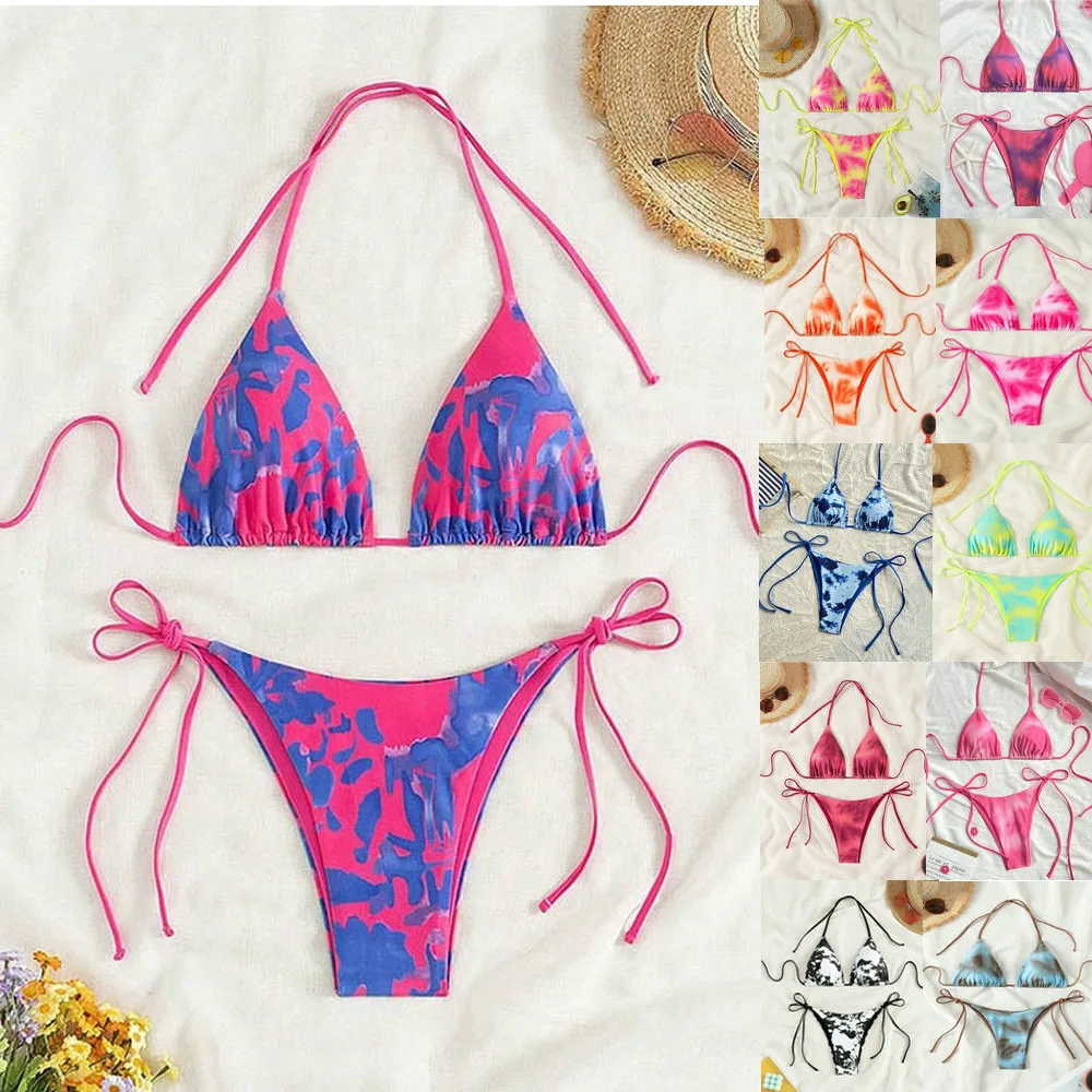 

Лето 2025 г., новый сексуальный женский купальник на шнуровке с разрезом, модный женский пляжный купальник с принтом тай-дай, комплекты бикини для горячих источников