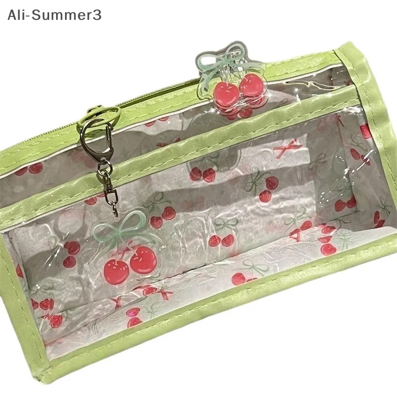 Doce cereja transparente lápis caso grande capacidade estudante papelaria zíper caneta saco material escolar saco de armazenamento de maquiagem