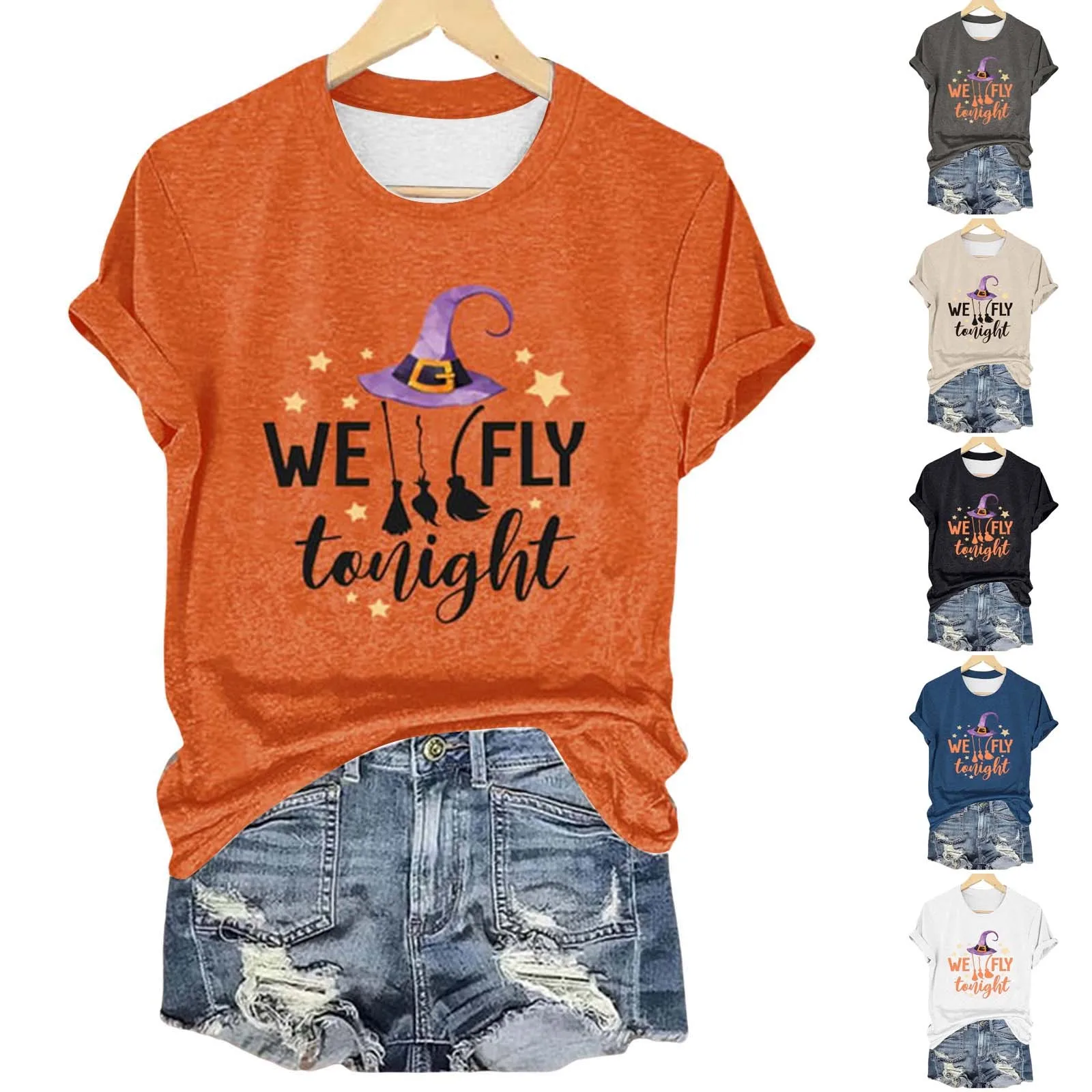 Women'S Fashion Casual Round Neck We Fly Tonight Letter Halloween Print T Shirt Tops Witch Hat Print Short Sleeve Comfy Tee