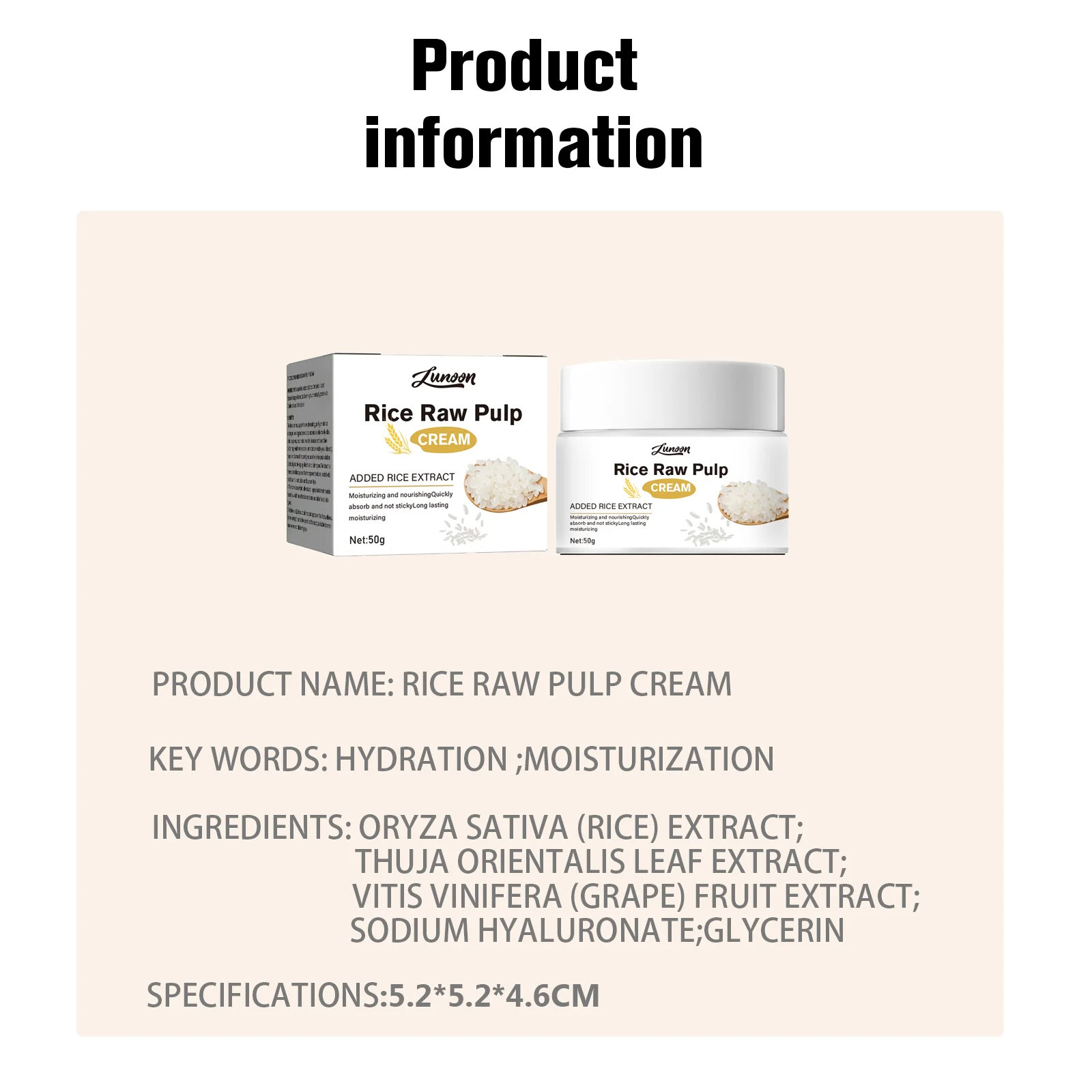 

LUNOON 50g Rice Raw Pulp Cream Deep Moisturizing Hydration Anti-Wrinkle Revitalizing Face Cream All Skin Types Brighten Beauty