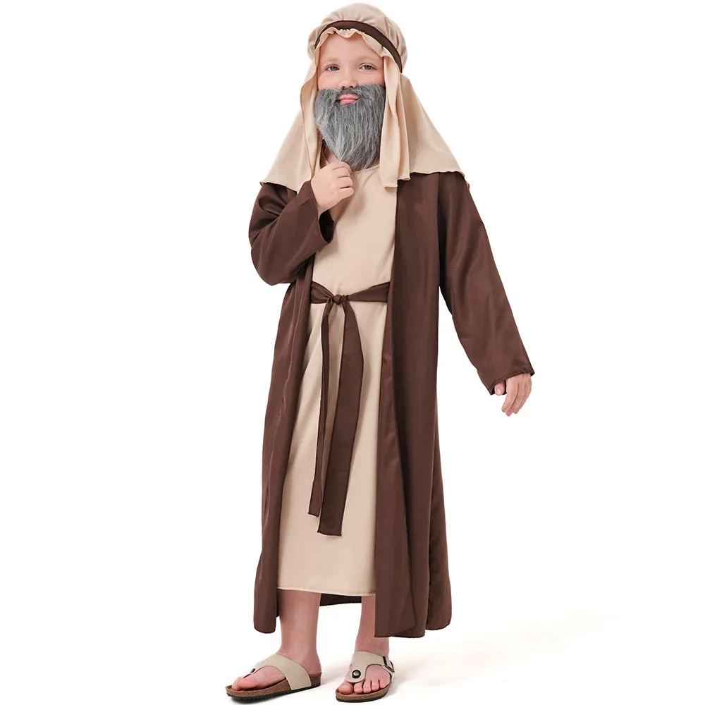 3-piece Set Halloween Kids Boy Arab Grandpa Cosplay Elders of Middle Eastern Shepherds Costumes Carnival Purim Stage Party Dress