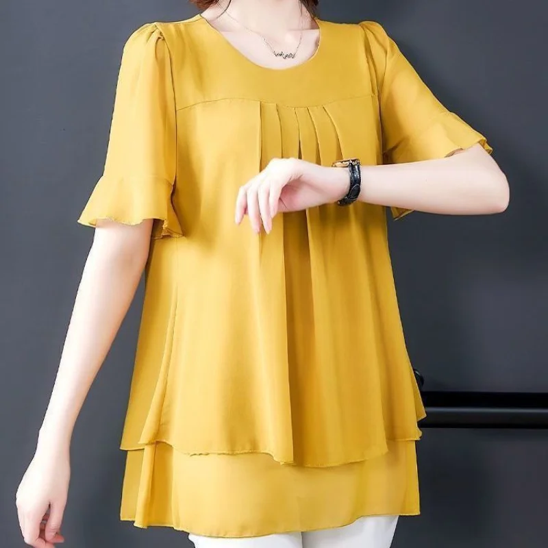 Chiffon Short Sleeve Shirt Tops Summer New Chiffon Loose Solid Color Patchwork Pleated Blouse Vintage Casual Women Clothing