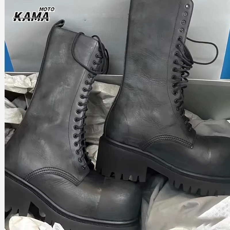 Black Leather Men's Motorcycle Boots Thick-Soled Round Toe Waterproof Males Booties Luxury Designer Men's Shoes Botas Mujer