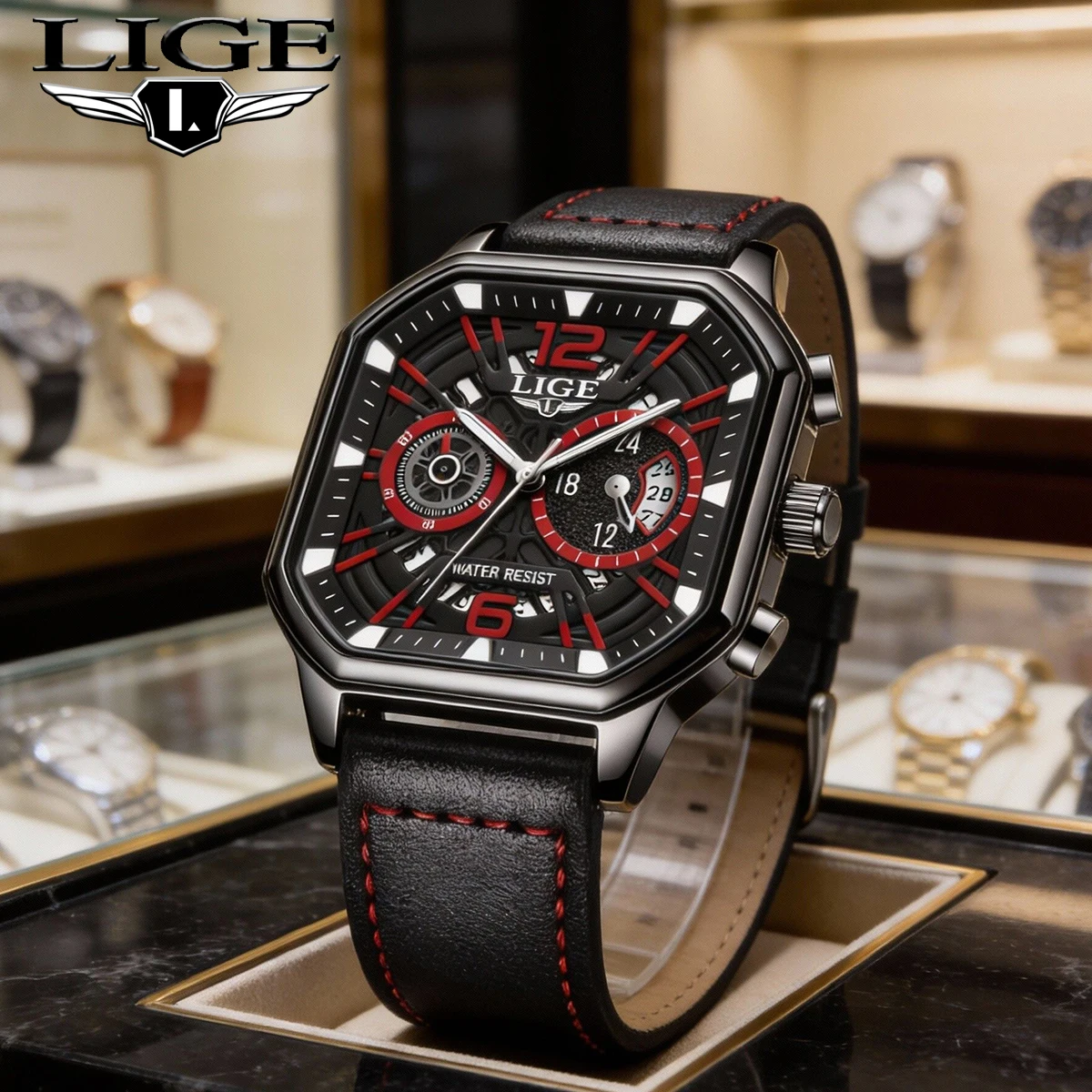 

Мужские часы LIGE Luxury Fashion, водонепроницаемые, с люминесцентным покрытием, хронограф, кожаный ремешок, спортивные, для активного отдыха, кварцевые наручные часы.