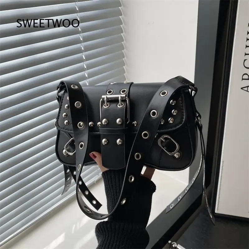 Y2K Punk Rivet Moto Mini Shoulder Bag Multi Strap Buckle Design Hot Girl Style Leopard Solid Crossbody Hobo Bag - view 6