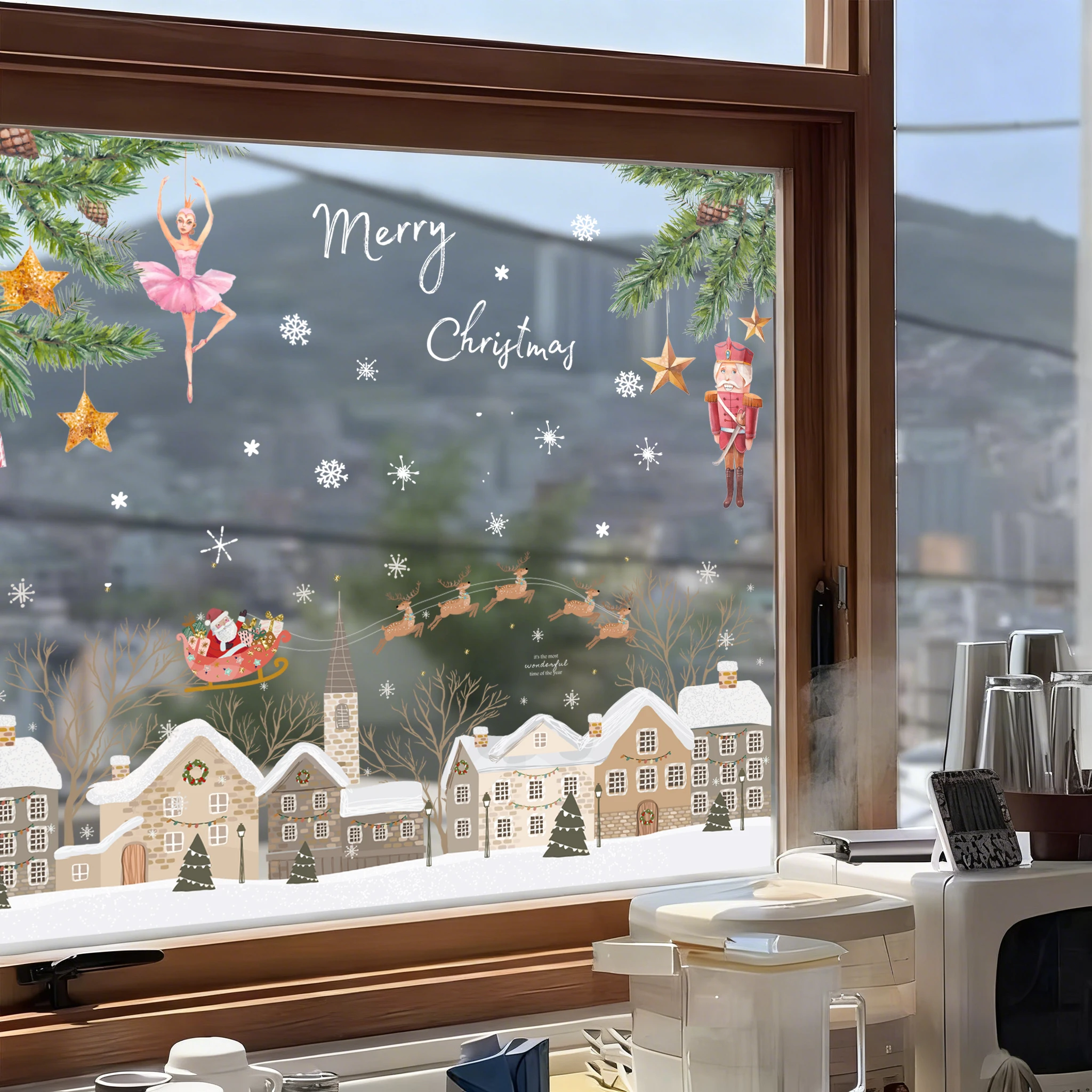 Double-Sided Stained Santa Elk Window Clings,Static Decal for Glass Door Sticker,Non-Adhesive Sticker Reusable Home Decor