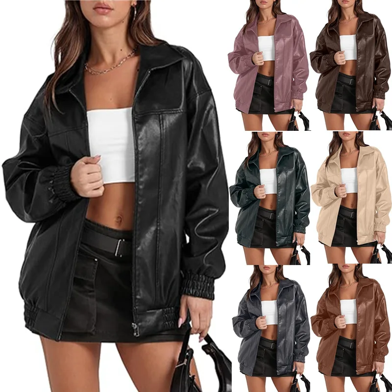 

2025 popular PU leather jacket long sleeved lapel zipper side pocket casual leather jacket for women