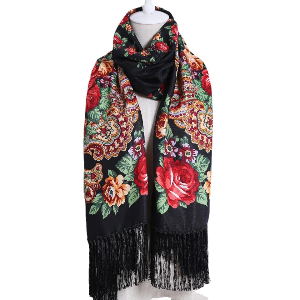 

190*66CM Women Russian Style Peony Floral Printed Long Tassel Large Square Scarf Warm Wrap Traditional Ethnic Mexican Shawl