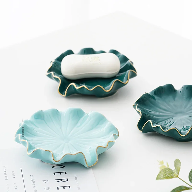 Lotus Leaf Shape Ceramics Soap Holder Nordic Style Soap Dish Box Soap Storage Organizer Drain Holder Bathroom Accessories 2024