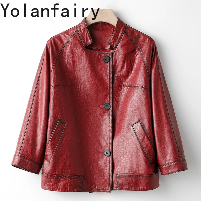 

YOLANFAIRY женская куртка из натуральной овчины, винтажный красный плащ 2025 года, пальто из натуральной кожи, женские модные короткие кожаные куртки