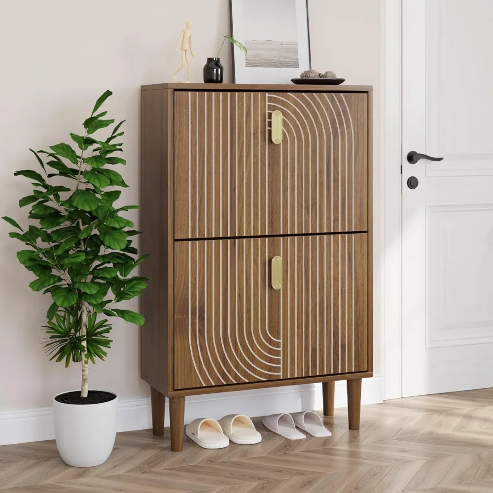 

Shoe Cabinet with 2 Flip Drawers, 23.6 Walnut Hidden Shoe Storage Cabinet with Line Groove Design, Freestanding Shoe Orga