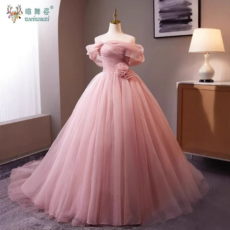 

New Luxury Pink Puffy Evening Dress Princess Tulle Off Shoulder Prom Birthday Rave Fashion A-line Flower Pleat Stage Perfermance