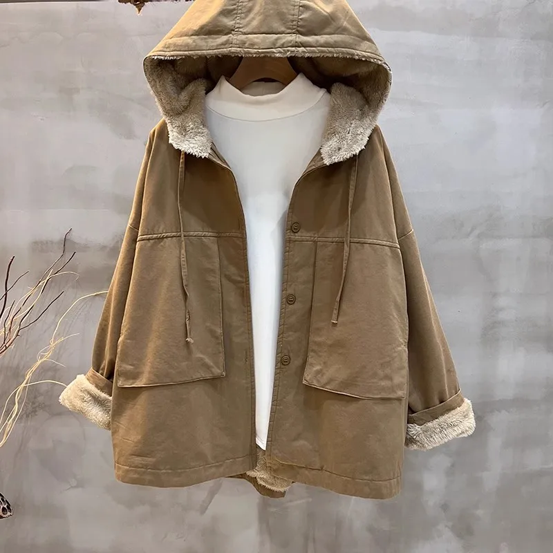 

Korean Style Hooded Fleece Lined Jacket Women's Autumn Winter Loose Casual Long Sleeve Open Cardigan Warm Cotton Coat Trendy