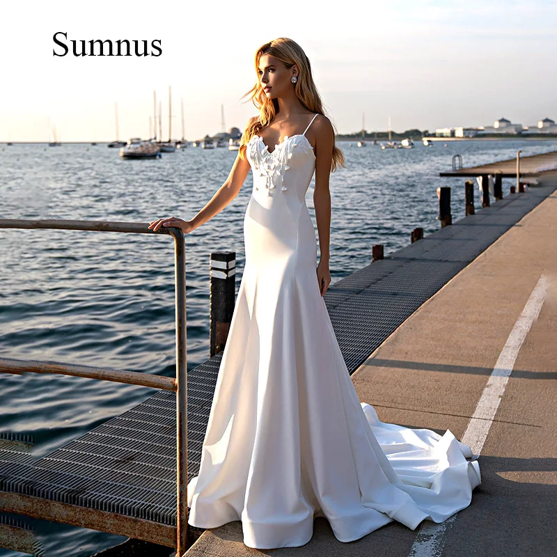 Sumnus praia sereia vestido de casamento alças espaguete v pescoço vestidos de noiva flor apliques casamento vestido de cetim branco vestidos de noiva