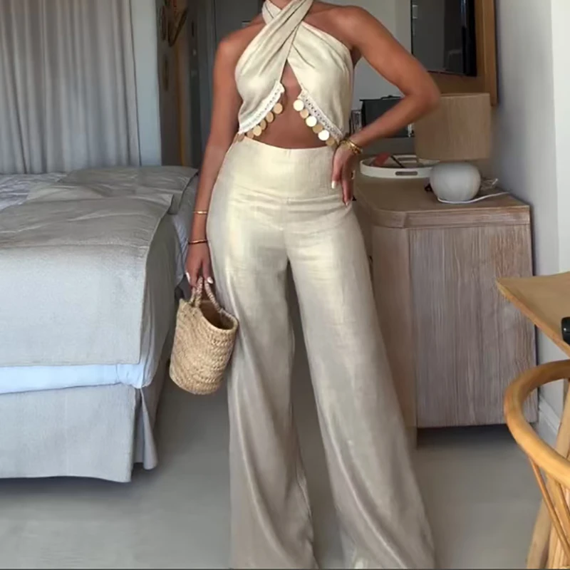 Shining Gold Wire Dew Splicing Backless Outfit Elegant Solid Off Shoulder Evening Suit Temperament Wrap Chest Vest+Pants 2pc Set
