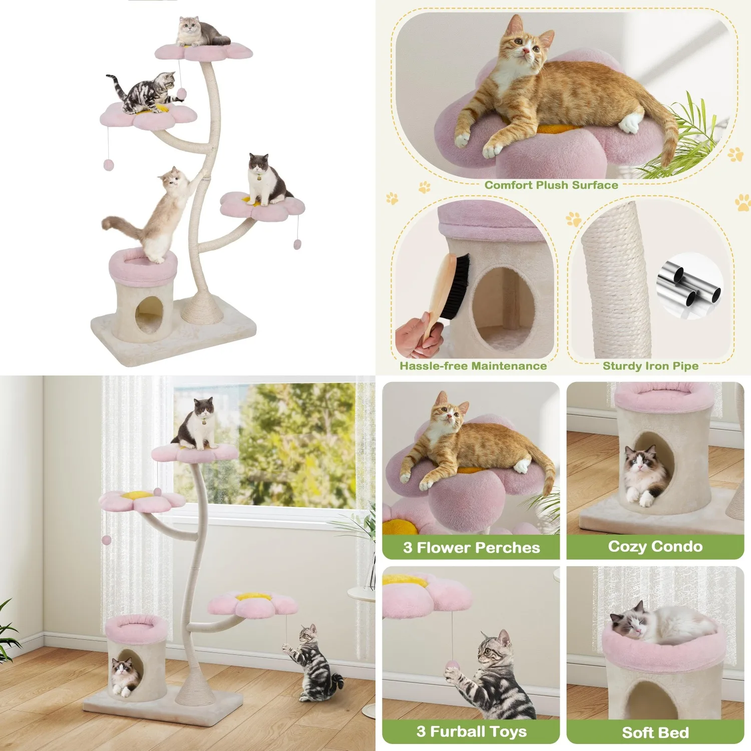

57" Heavy Duty Cat Tree for Large Cats, Aesthetic Pink Metal Tube Cat Tower with Large Condo & Flower Perches,, Customized