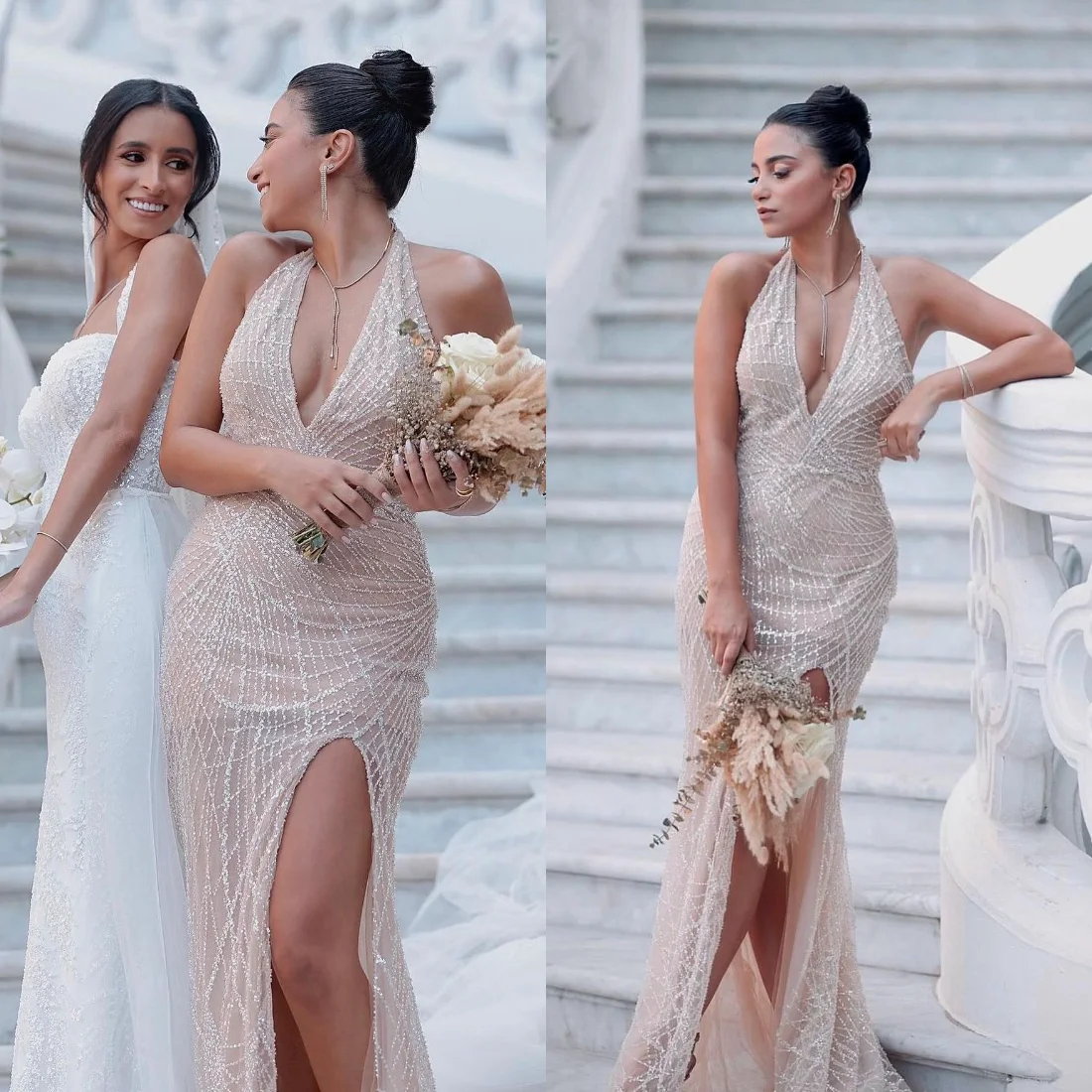 Glamorous Halter Bridesmaid Dresses Deep V Neck Beading High Split Prom Gowns Custom Made Formal Wedding Guest Birthday Dress