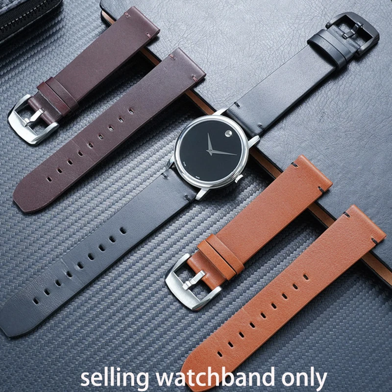 Correa de reloj retro de cuero genuino para la serie MOVADO Museum, pulsera de cuero genuino, correa de reloj de boca plana de piel de becerro suave, 22 mm